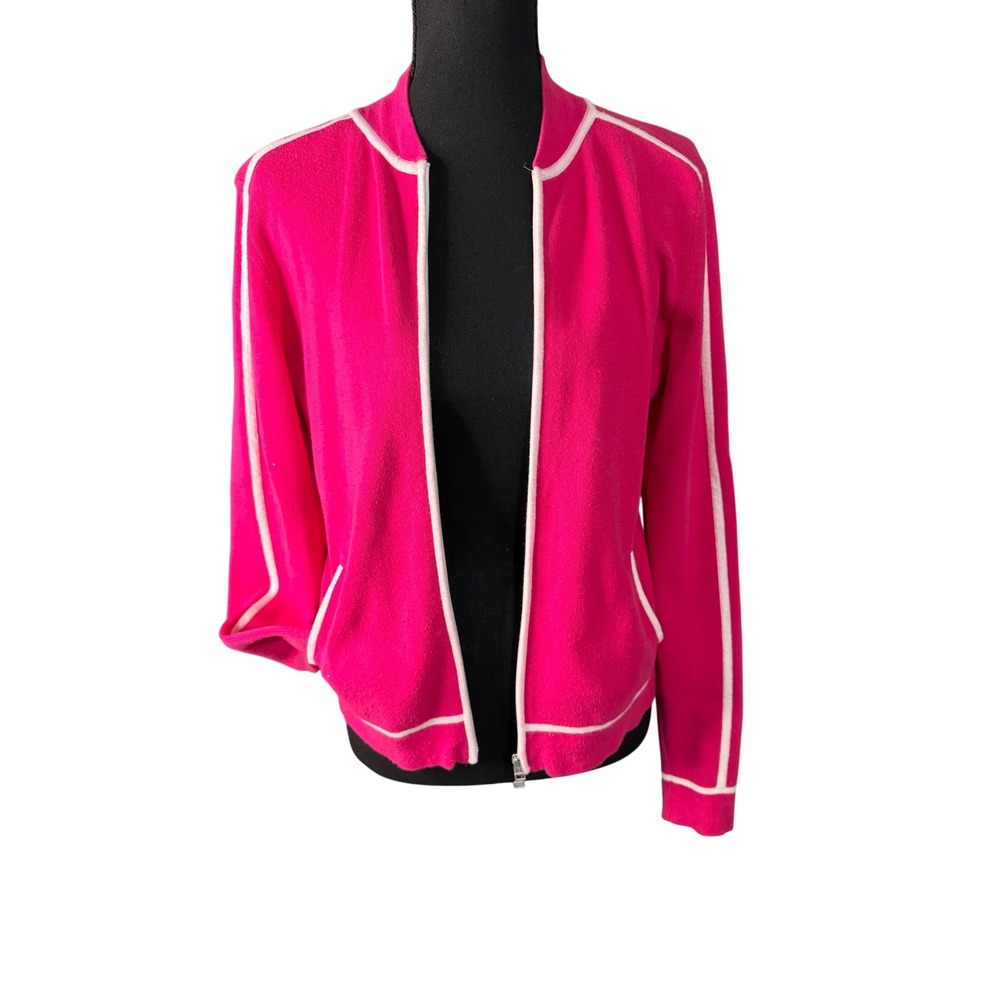 Sarah Spencer Medium Hot Pink Zip Cardigan Sweater Preppy Barbiecore Golfcore